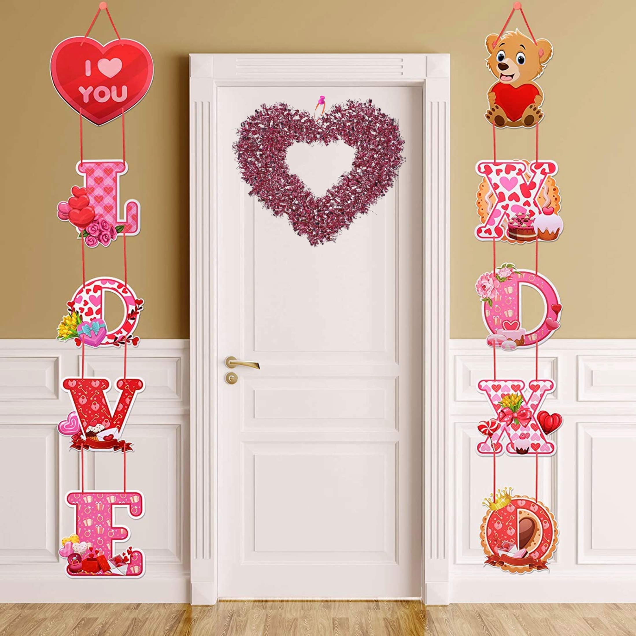 Valentine's Day Tinsel Heart Decorations (PINK) 14.375x12.25-in., Bundle of  3 